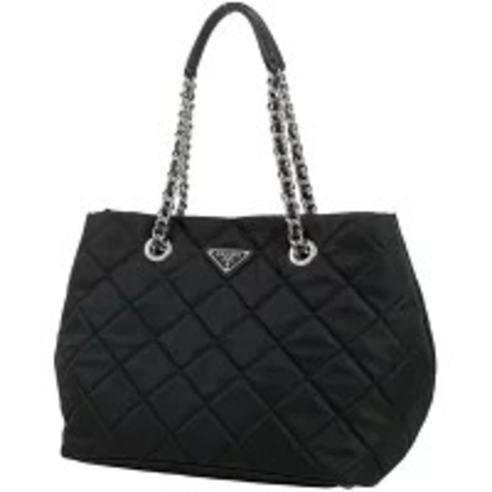 Prada Plate Chain Tote Bag Shoulder Tessuto Nero Black